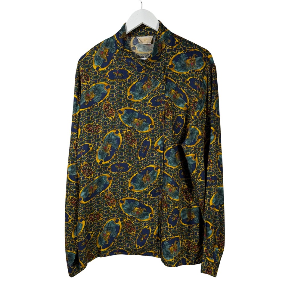 Sophisticates by Pendleton Vintage Equestrian Chain Print Blouse Navy Gold Teal